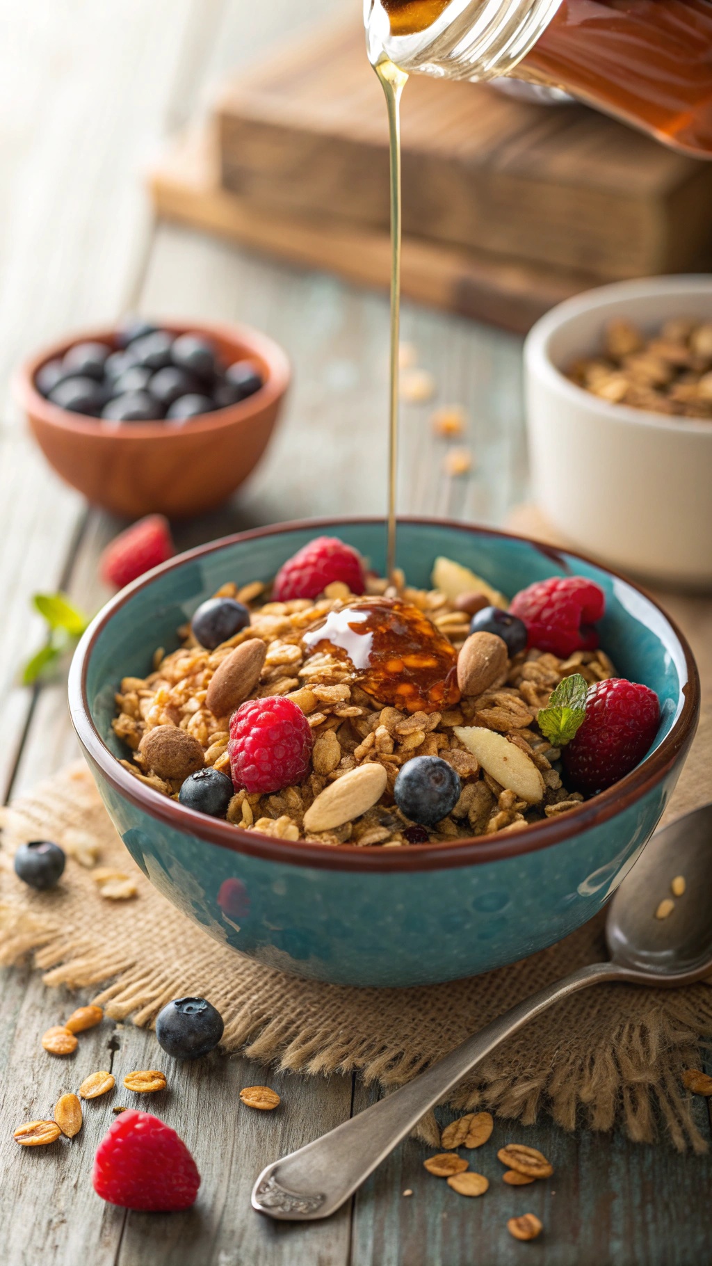 A bowl of granola topped with berries and maple syrup, with a spoon beside it.