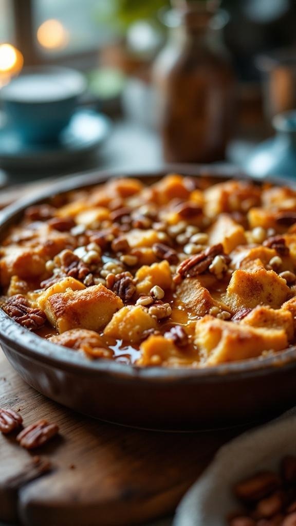 A deliciously nutty overnight French toast casserole topped with pecans, ready to be served.