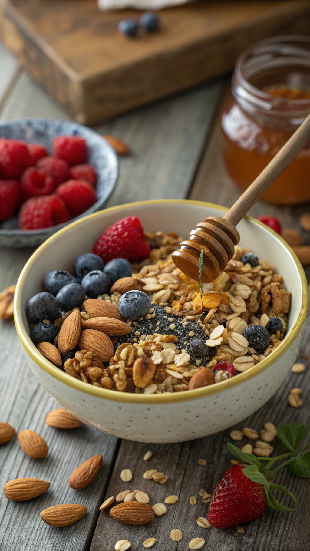 A bowl of nutty granola topped with fresh berries and honey, surrounded by almonds and oats.