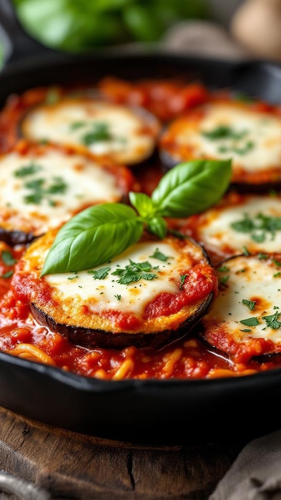A skillet filled with eggplant parmesan, topped with fresh basil and parsley.