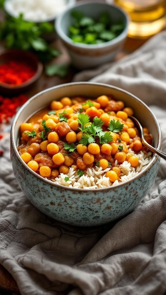 A bowl of chickpea curry served over rice, garnished with fresh cilantro.