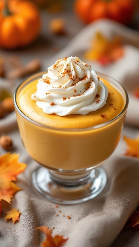 A glass of pumpkin mousse topped with whipped cream and cinnamon, surrounded by autumn leaves and pumpkins.