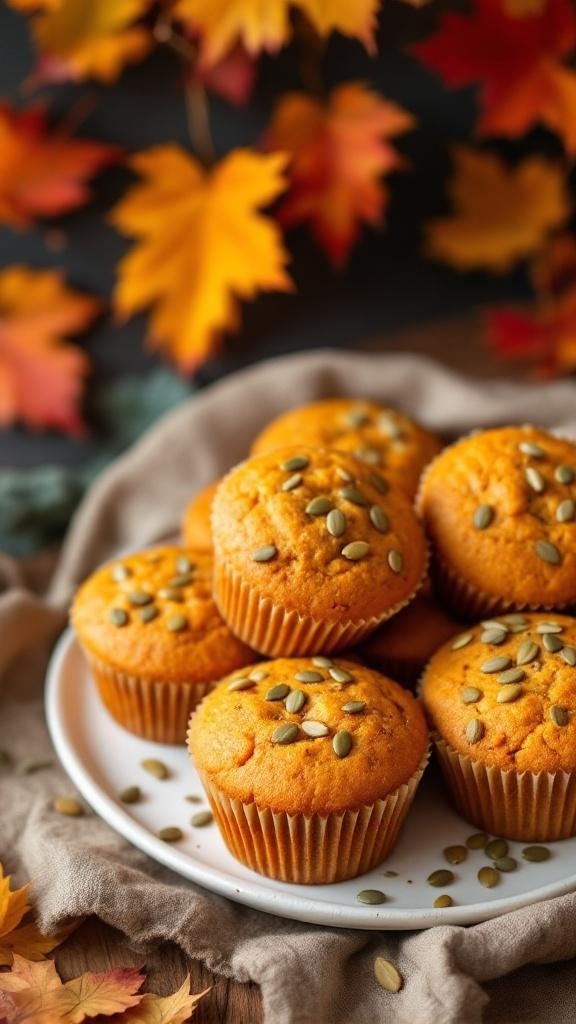 A plate of vegan pumpkin muffins topped with pumpkin seeds, surrounded by autumn leaves.