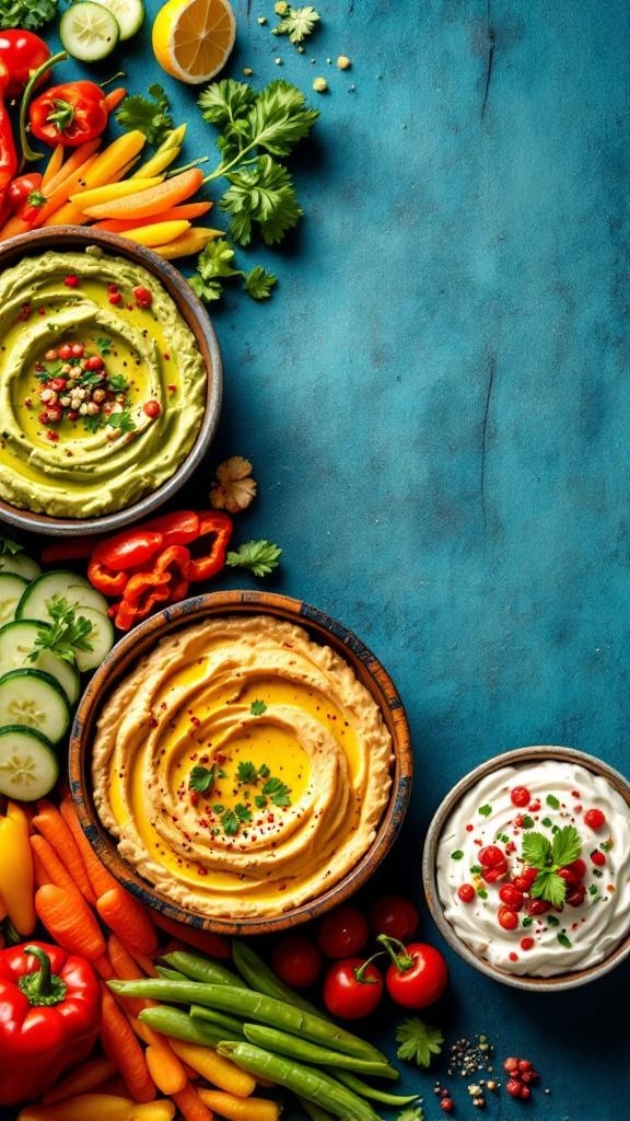 A colorful display of various veggie dips including hummus, guacamole, and yogurt dip surrounded by fresh vegetables.
