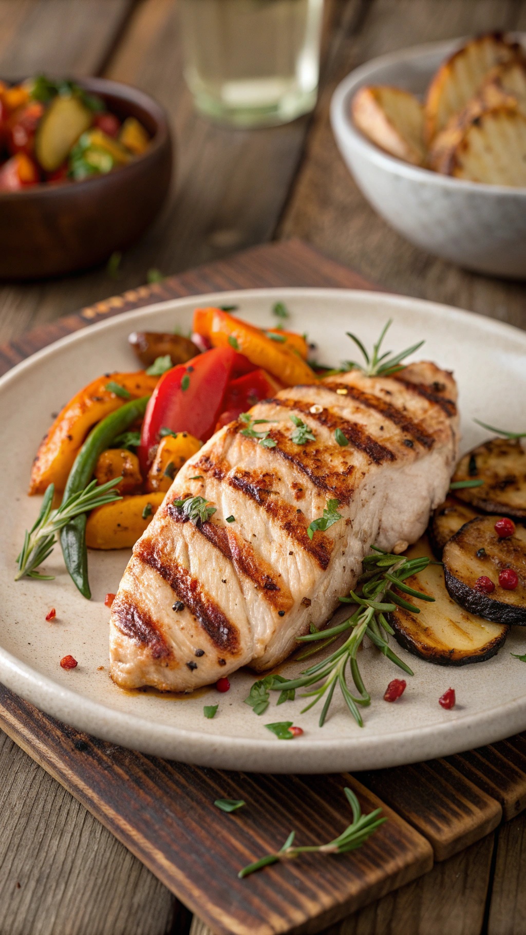 A plate of grilled chicken breast served with colorful roasted vegetables.
