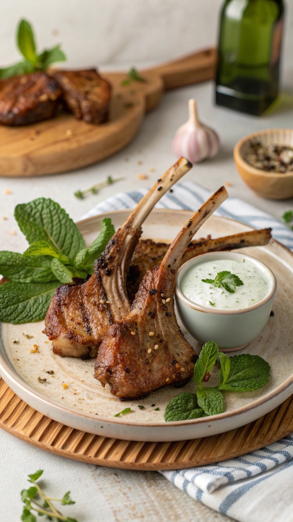 Deliciously spiced lamb chops served with mint yogurt sauce and garnished with fresh mint.