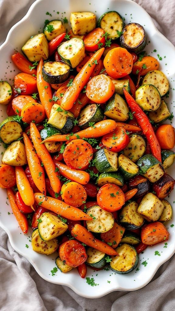 A colorful medley of roasted vegetables including carrots, zucchini, bell peppers, and potatoes, garnished with parsley.