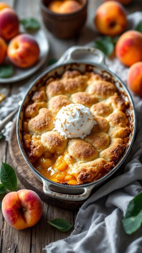 A delicious peach cobbler topped with whipped cream, surrounded by fresh peaches.