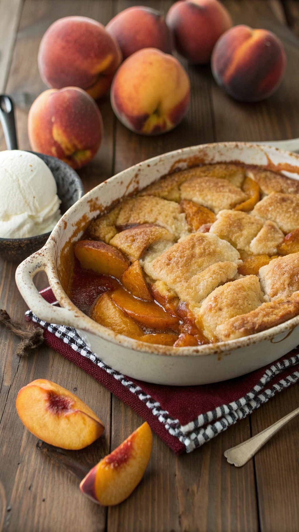 A delicious peach cobbler served warm with fresh peaches and a scoop of ice cream.
