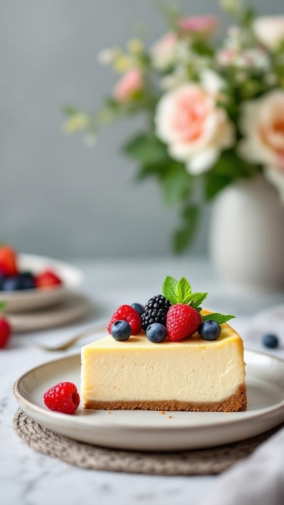 A slice of keto cheesecake topped with fresh berries and mint on a plate