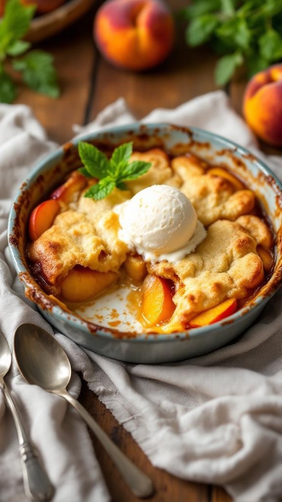 A delicious peach cobbler served with ice cream, surrounded by fresh peaches and mint leaves.