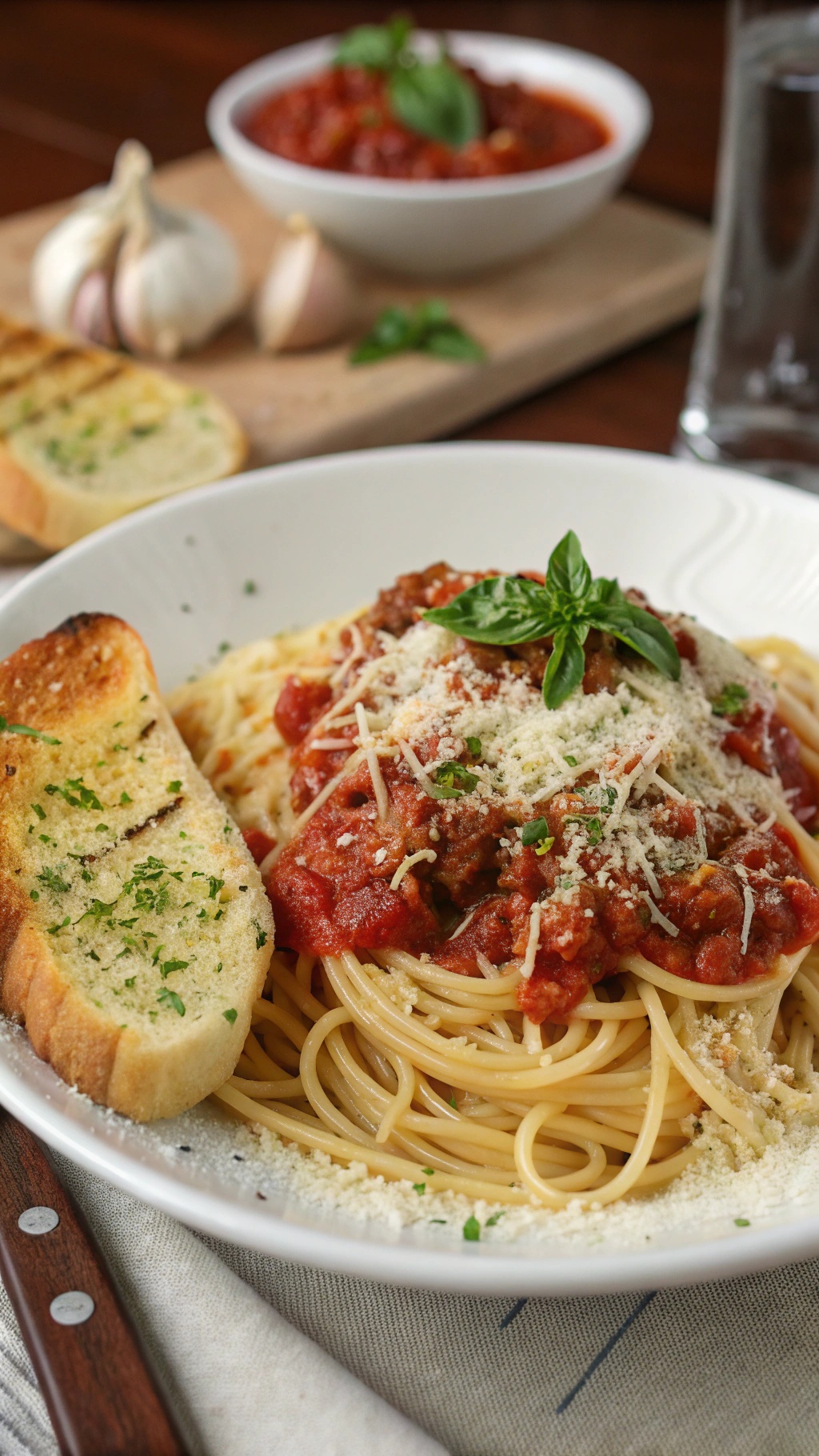 A plate of spaghetti topped with tomato sauce, cheese, and basil, served with garlic bread.