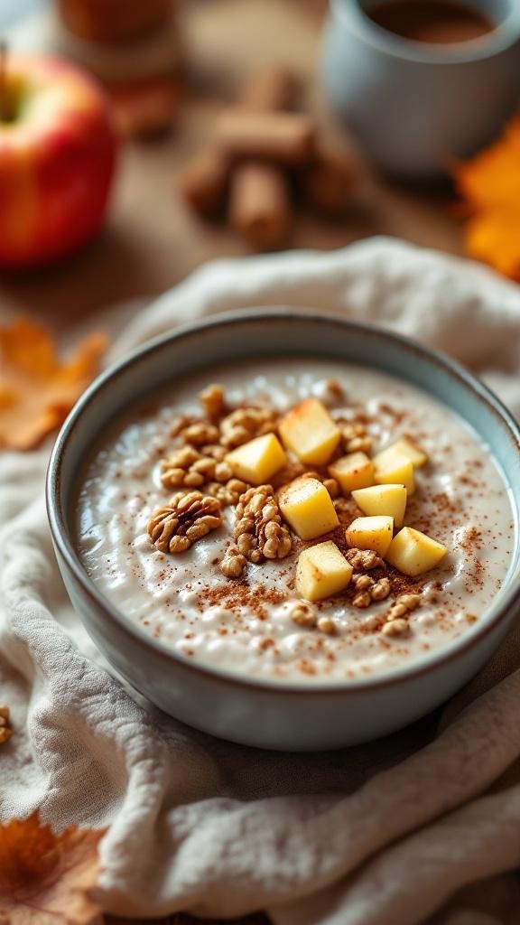 A bowl of cinnamon apple chia seed pudding topped with diced apples and granola.