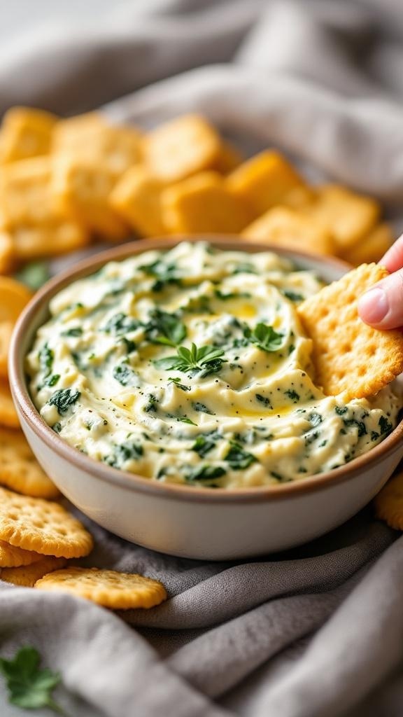 A creamy spinach artichoke dip in a bowl with crackers on the side