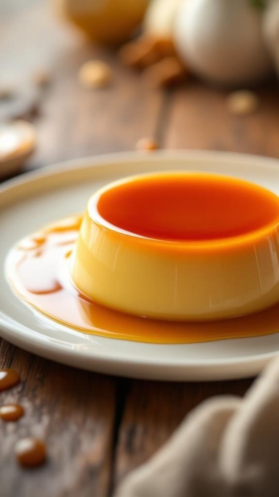 A beautifully plated caramel flan with a glossy caramel sauce on a wooden table.