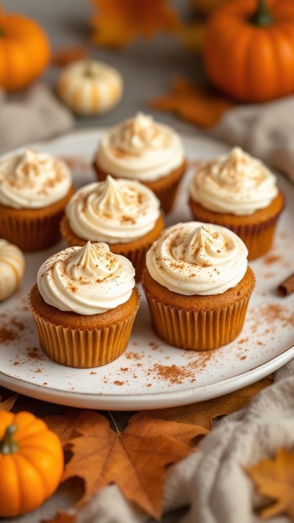 Pumpkin spice cupcakes with cream cheese frosting and cinnamon on a plate, surrounded by small pumpkins and autumn leaves.