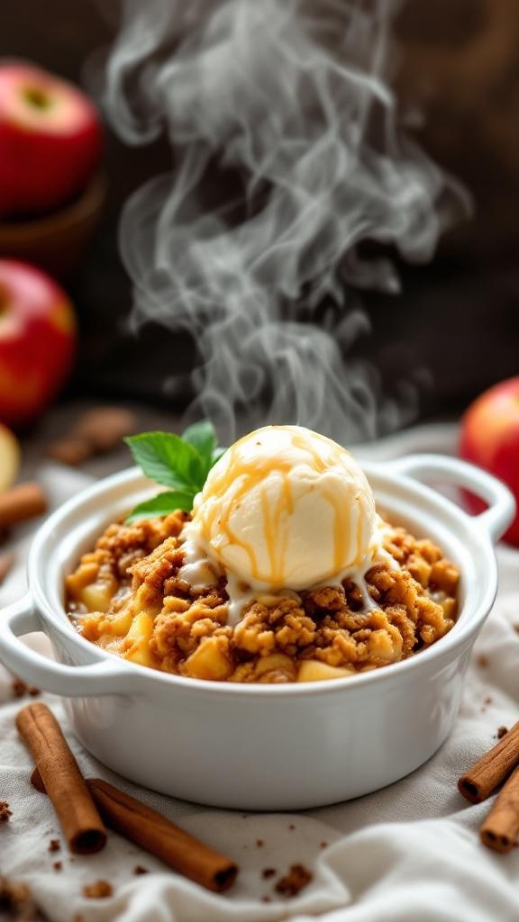 A warm bowl of apple crisp topped with vanilla ice cream and caramel sauce, surrounded by fresh apples and cinnamon sticks.