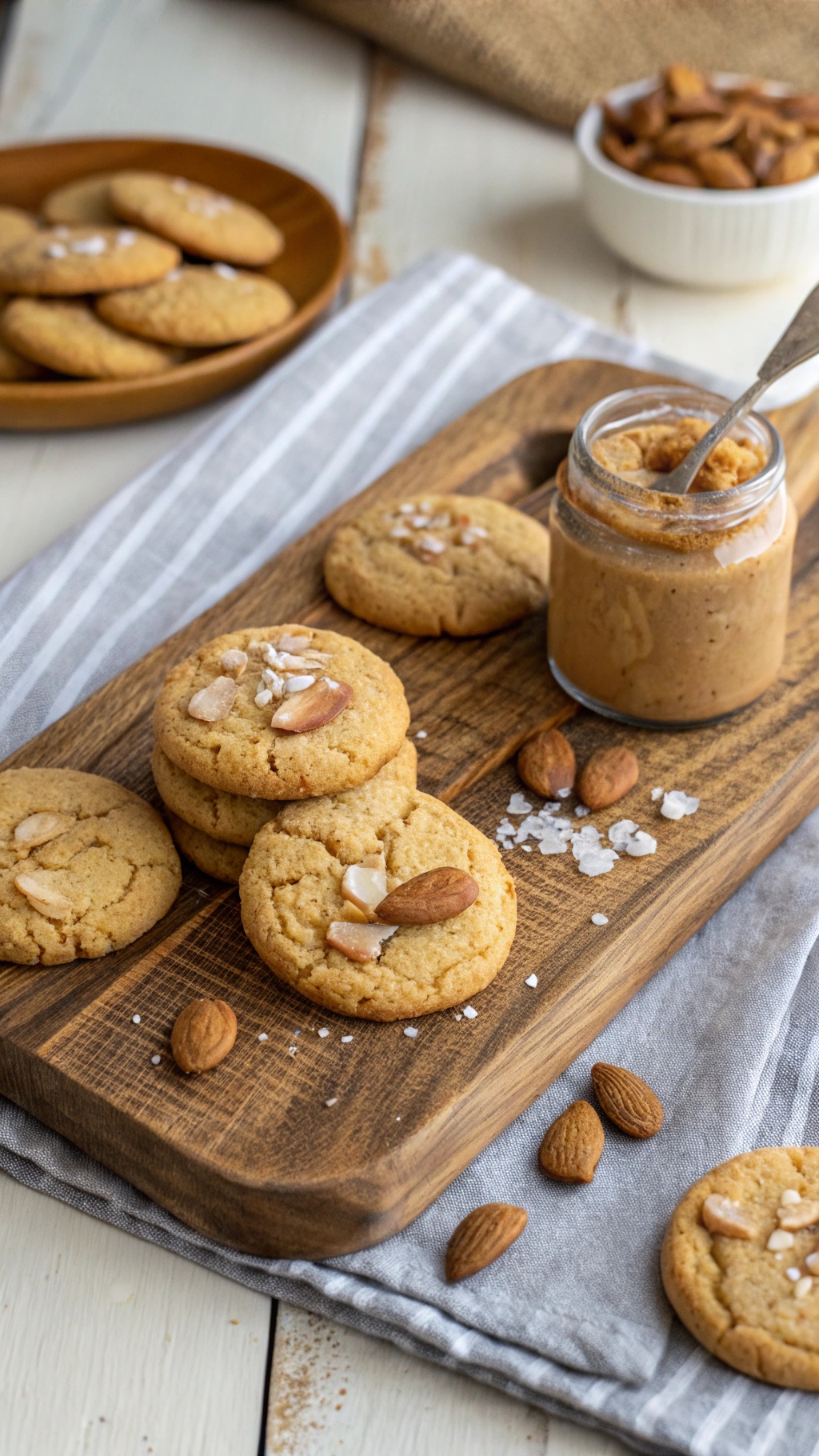 Almond butter cookies on a wooden board with a jar of almond butter and whole almonds.