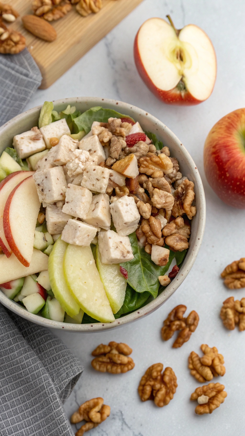 A bowl of apple walnut chicken salad with diced chicken, apple slices, walnuts, and leafy greens.