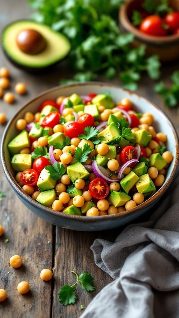 A colorful avocado and chickpea salad with cherry tomatoes and cilantro in a bowl.