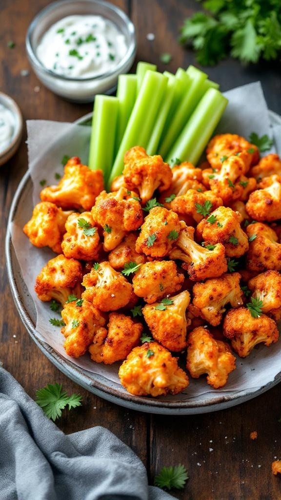 A plate of crispy cauliflower buffalo wings garnished with herbs, served with celery sticks and a creamy dip.