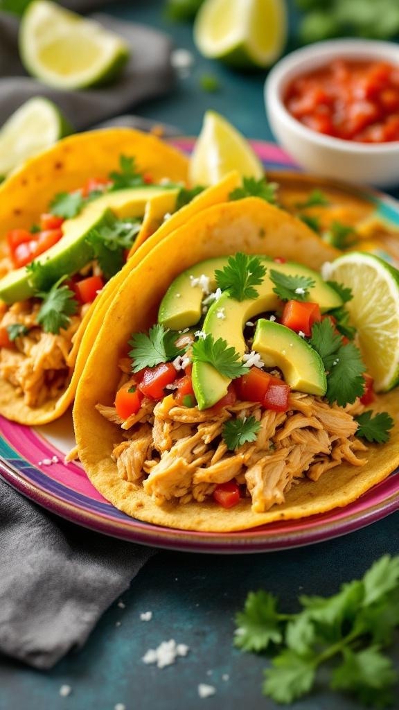 Delicious chicken tacos with avocado, cilantro, and lime on a colorful plate.