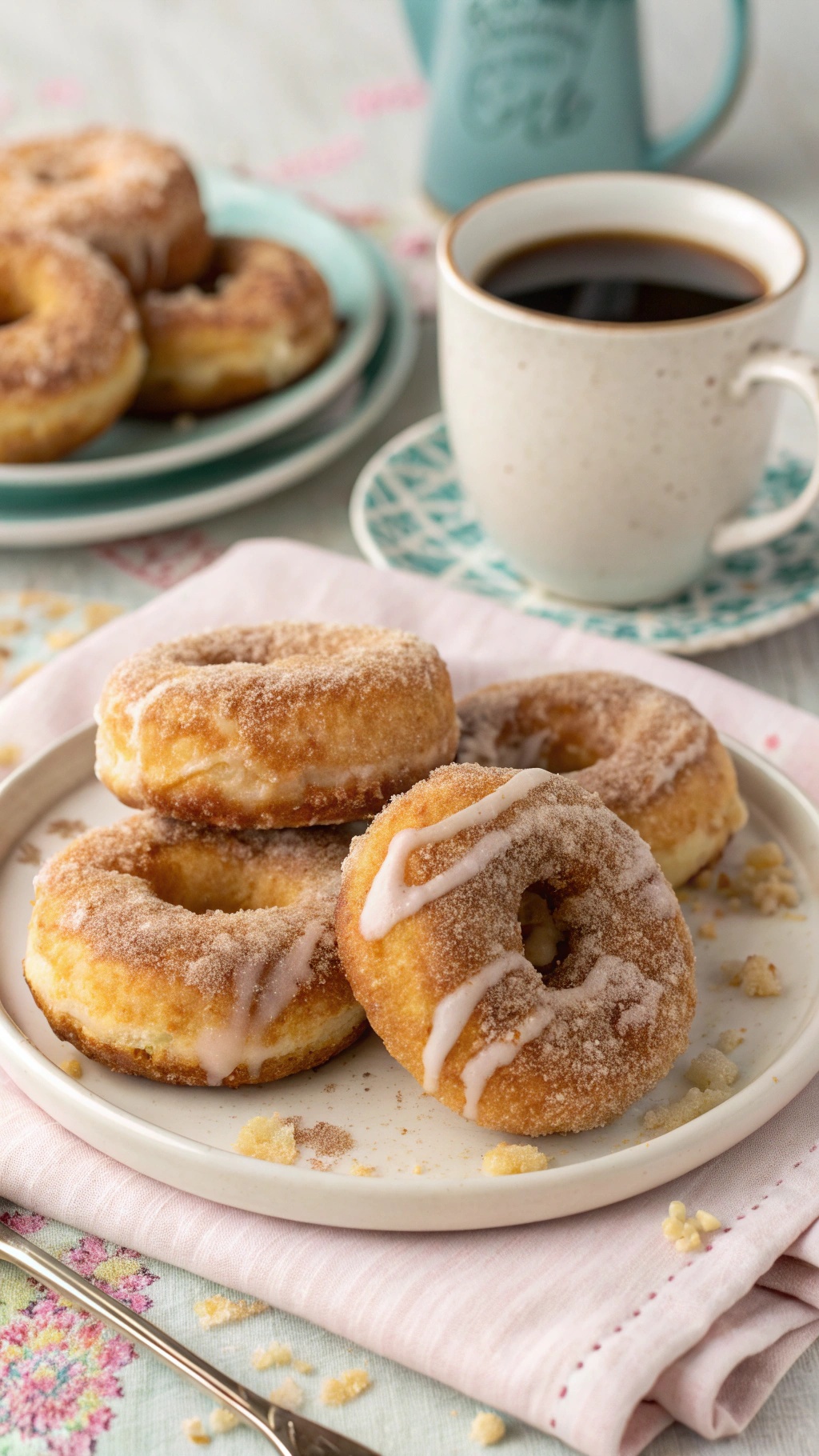A plate of cinnamon sugar donuts with a cup of coffee.
