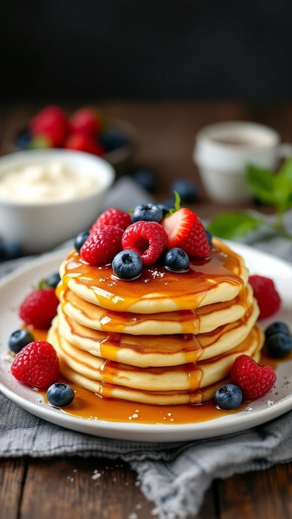 A stack of fluffy pancakes topped with fresh berries and syrup on a plate.