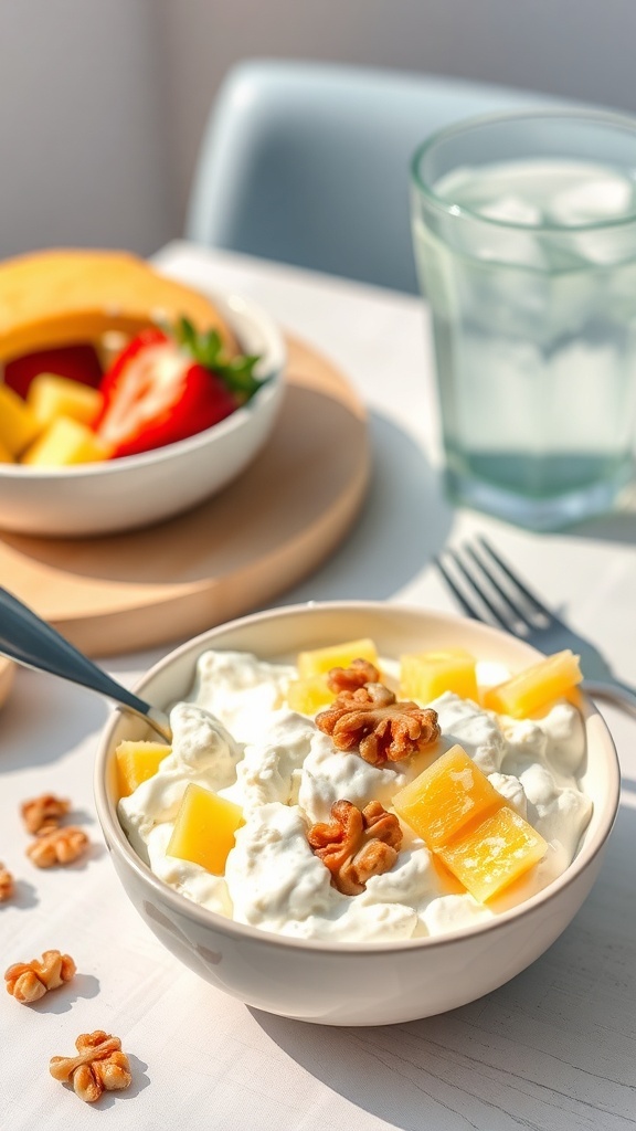 A bowl of cottage cheese topped with pineapple and walnuts, with a glass of water and fruit in the background.