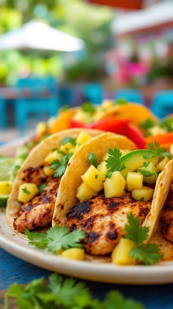 Grilled chicken tacos with pineapple, garnished with cilantro and lime