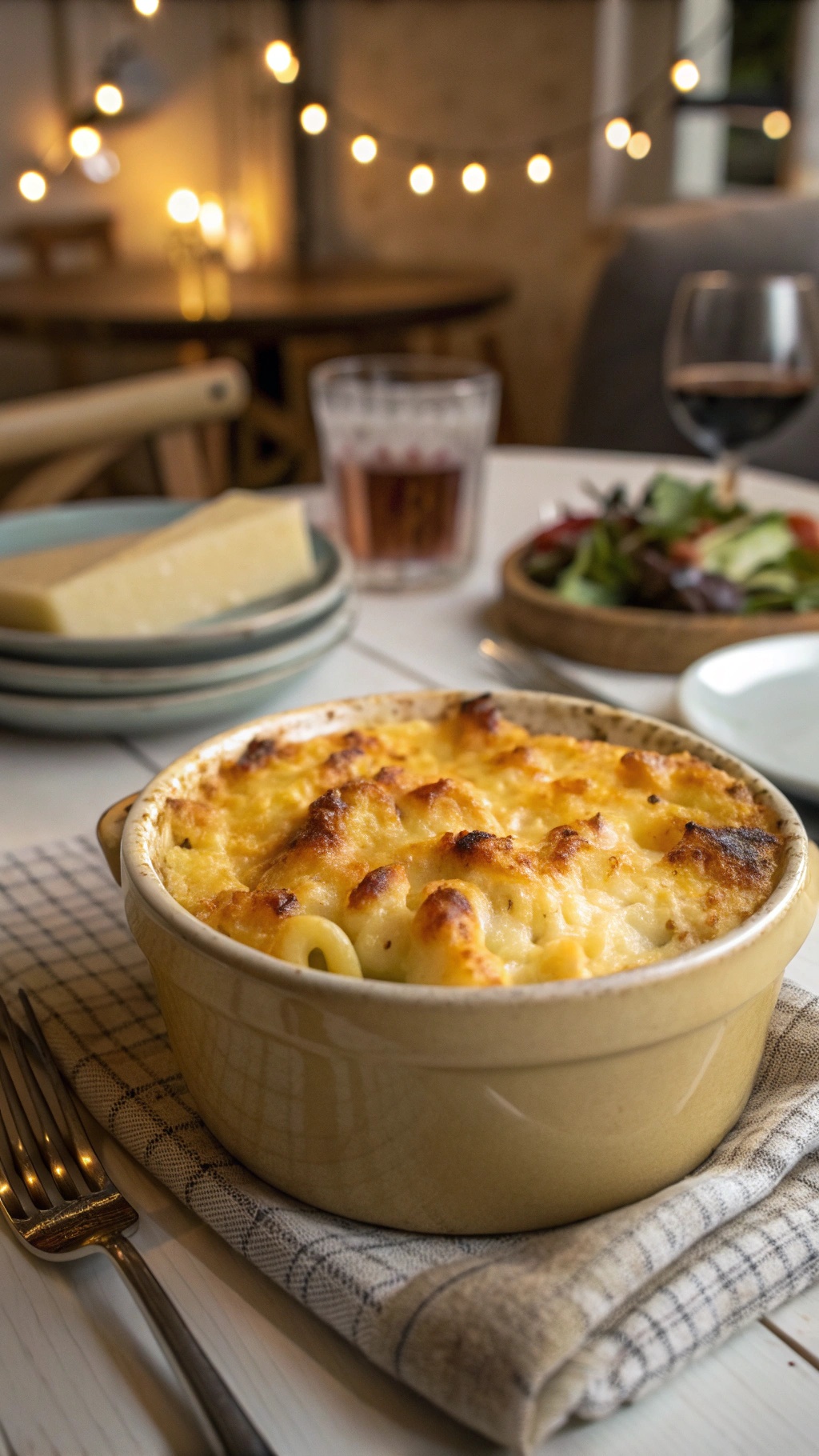 A bowl of homemade mac and cheese, golden and bubbly, served with a side salad and cheese.