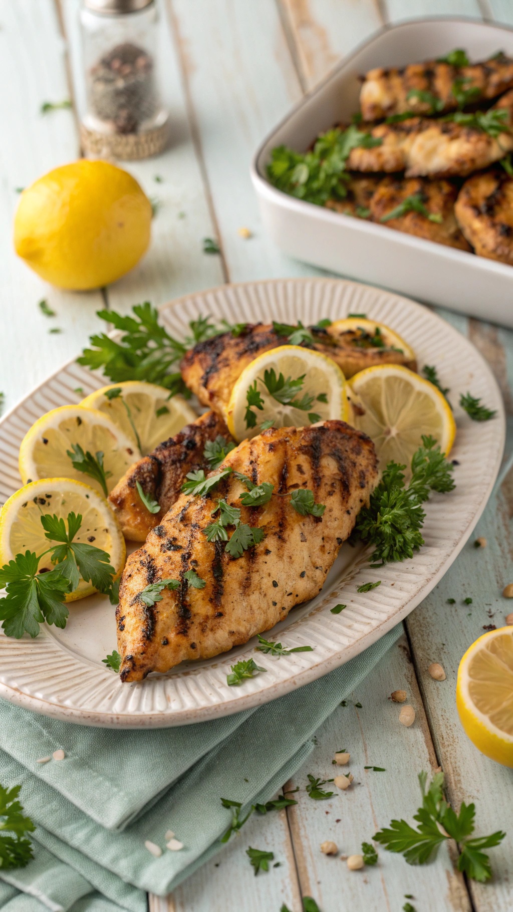Grilled chicken breasts garnished with parsley and lemon slices on a platter.