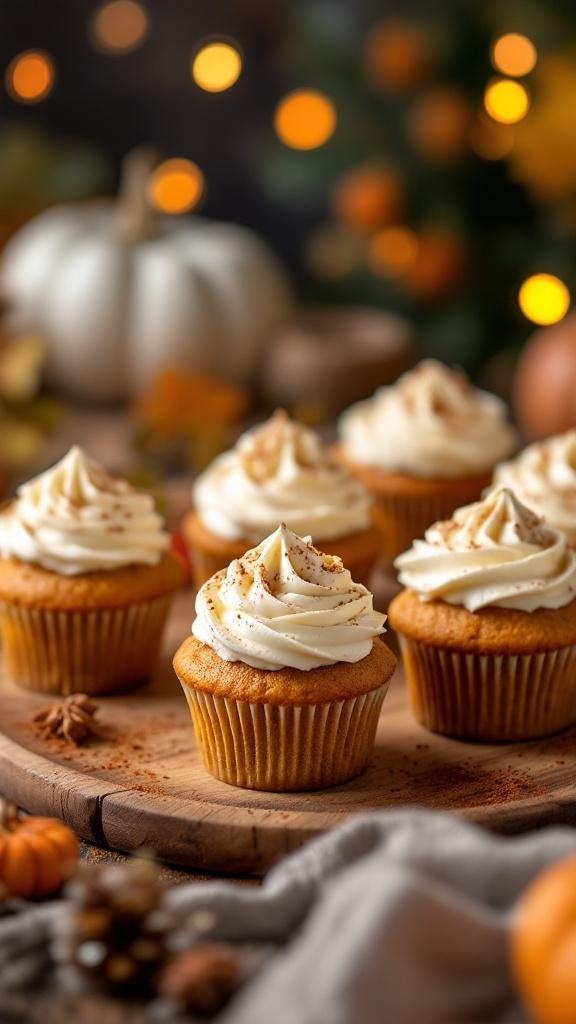 Mini pumpkin spice cupcakes with cream cheese frosting, decorated with nutmeg, set against a cozy autumn background.