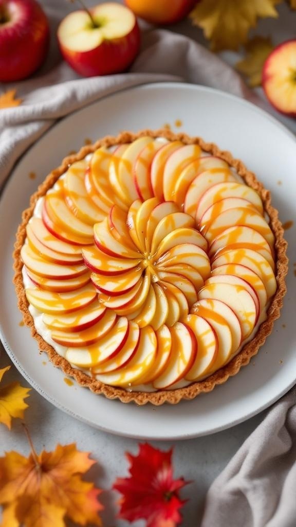A no-bake apple tart topped with caramel drizzle, surrounded by fresh apples and autumn leaves.