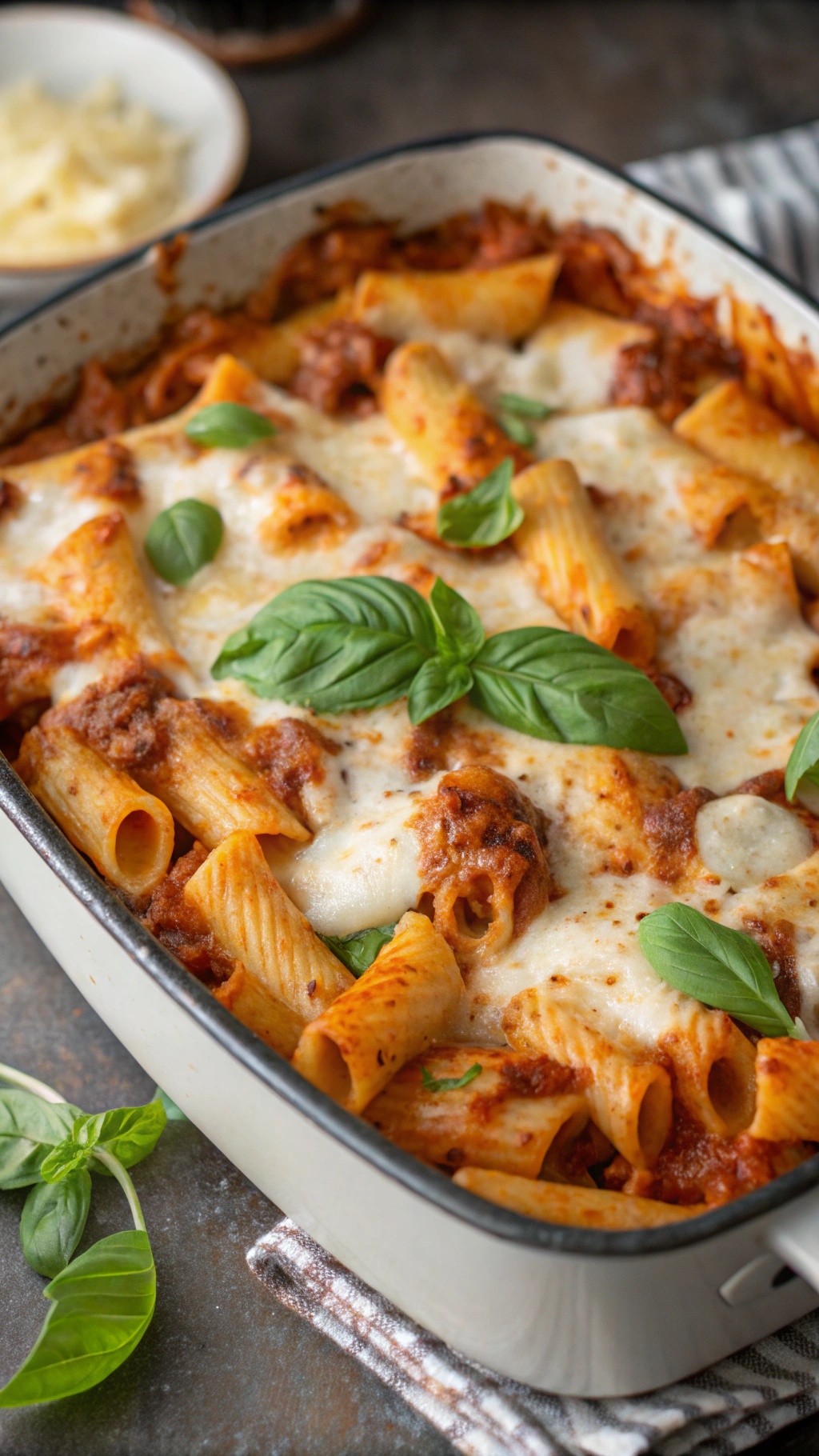 A delicious one-pot baked ziti with ricotta, topped with melted cheese and fresh basil.