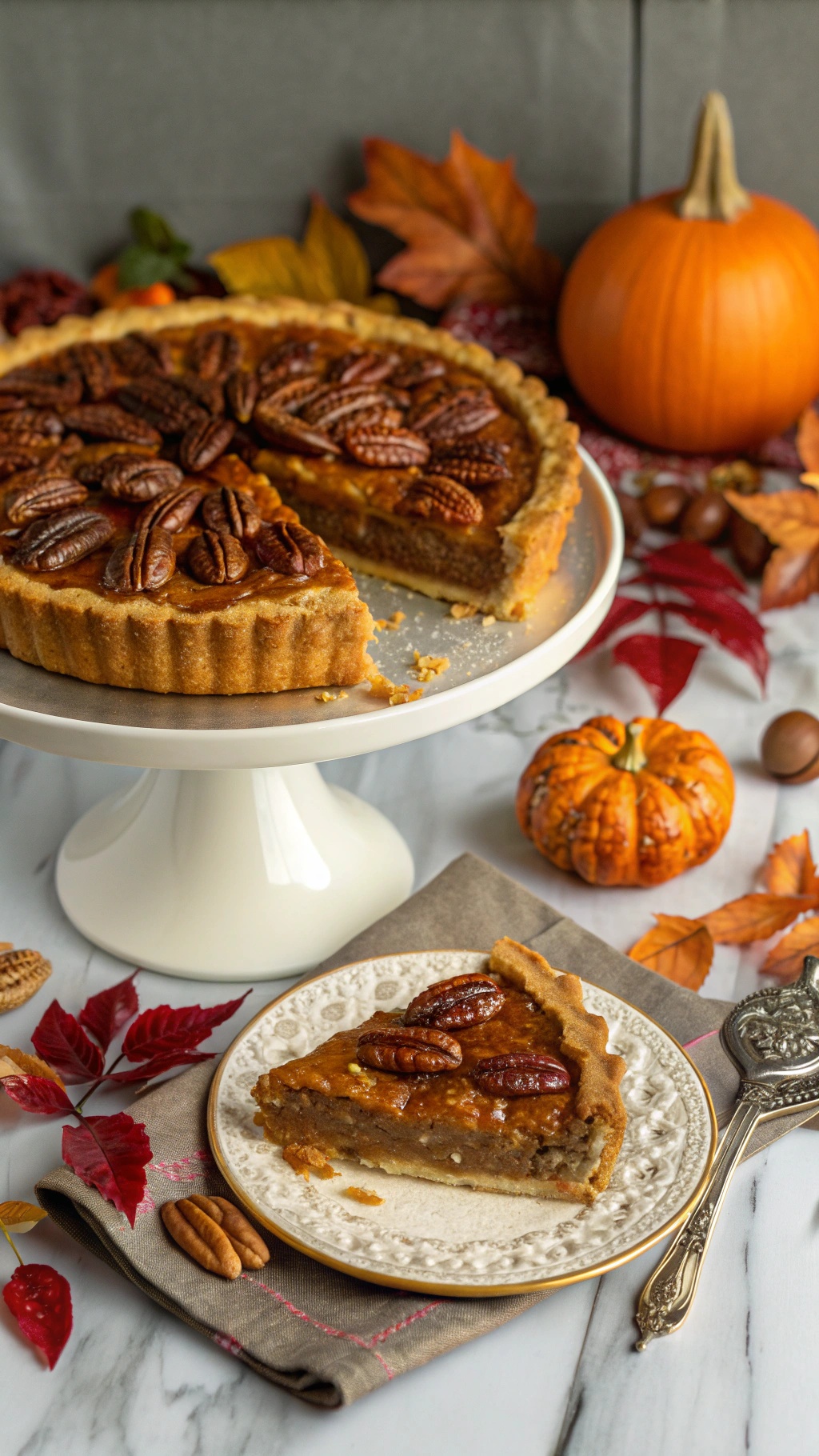A delicious pecan pie on a cake stand with autumn decorations.