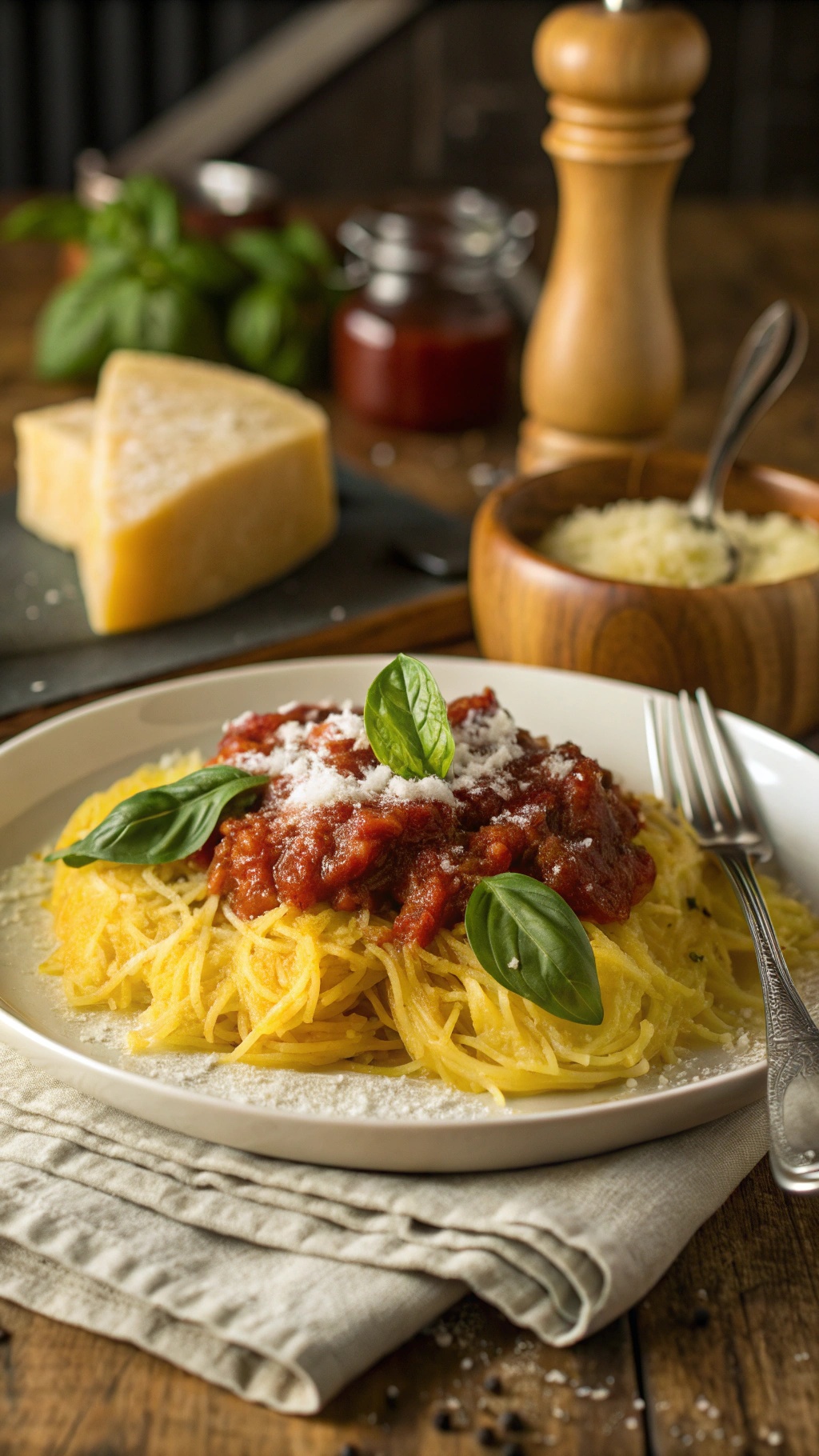 A plate of spaghetti squash topped with marinara sauce, fresh basil, and cheese.