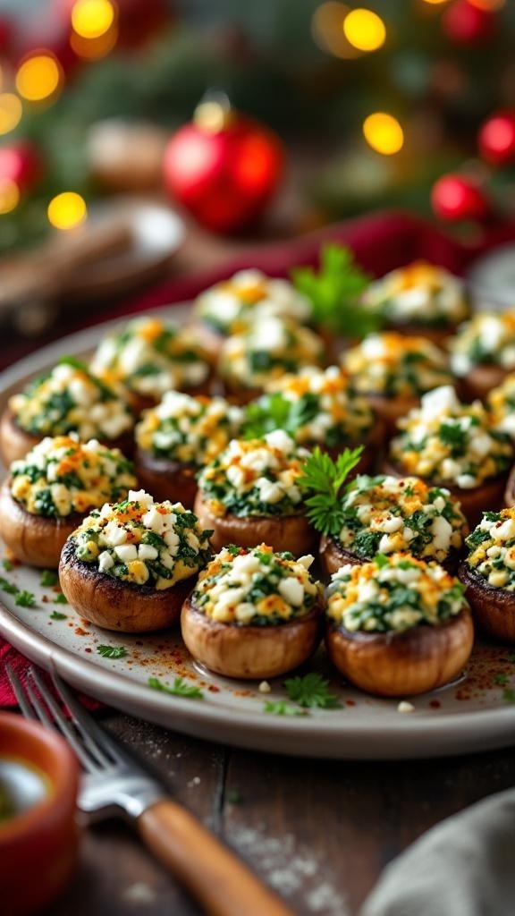 A platter of spinach and feta stuffed mushrooms, beautifully arranged with festive decorations in the background.