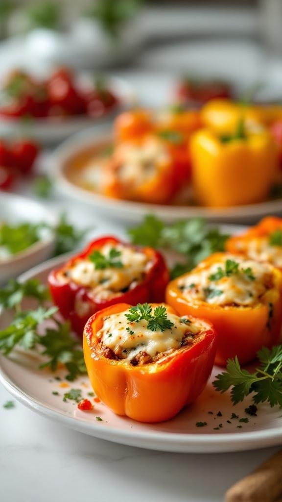 Stuffed mini peppers on a plate, garnished with herbs.