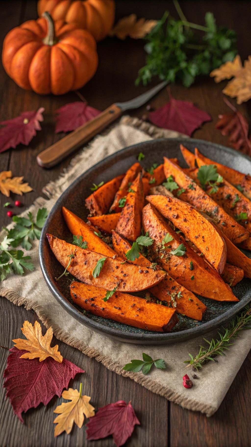 Roasted sweet potato wedges garnished with herbs on a rustic table with pumpkins and autumn leaves.