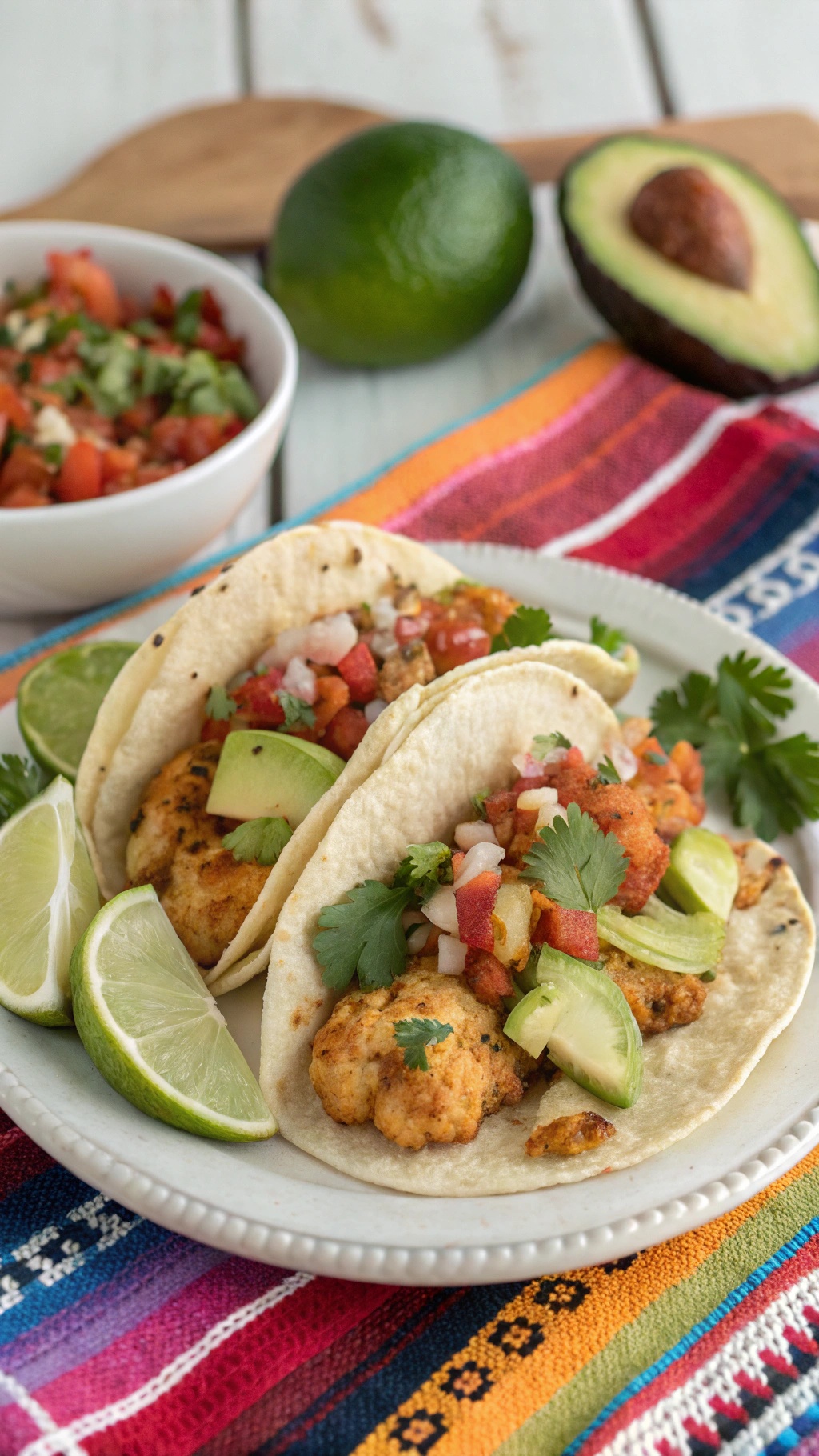 Vegan cauliflower tacos with avocado, salsa, and lime on a colorful tablecloth.