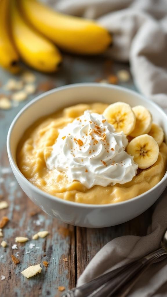 A bowl of creamy banana pudding topped with whipped cream and banana slices, with fresh bananas in the background.