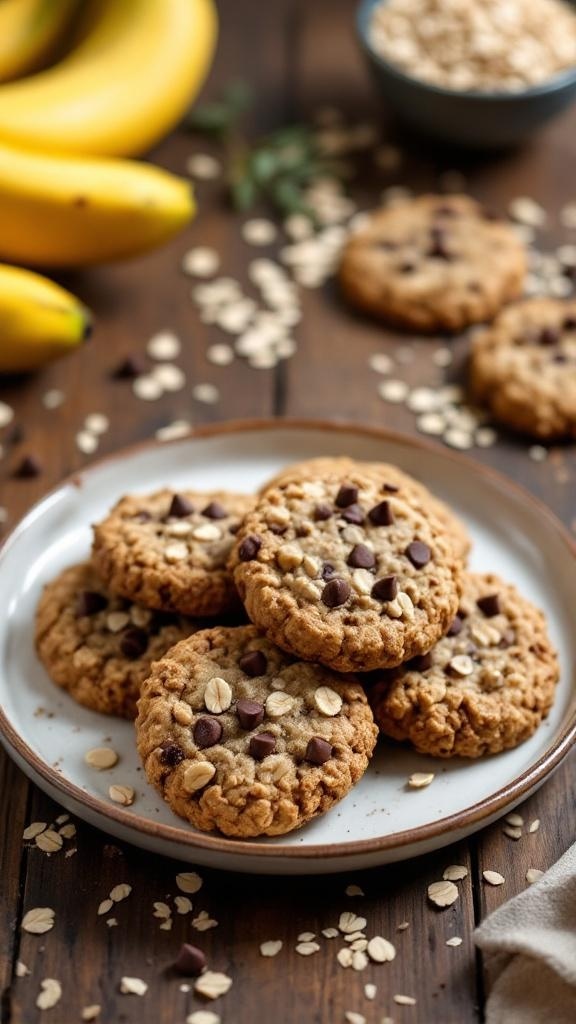 A plate of healthy banana oatmeal cookies with chocolate chips, surrounded by bananas and oats.