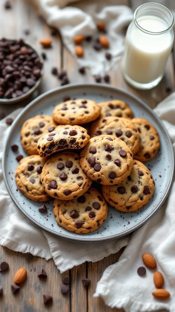 A plate of healthy chocolate chip cookies with chocolate chips and almonds, accompanied by a glass of milk.
