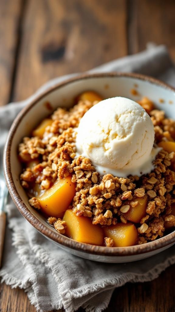 A bowl of healthy apple crisp topped with vanilla ice cream, showcasing golden apples and a crunchy oat topping.