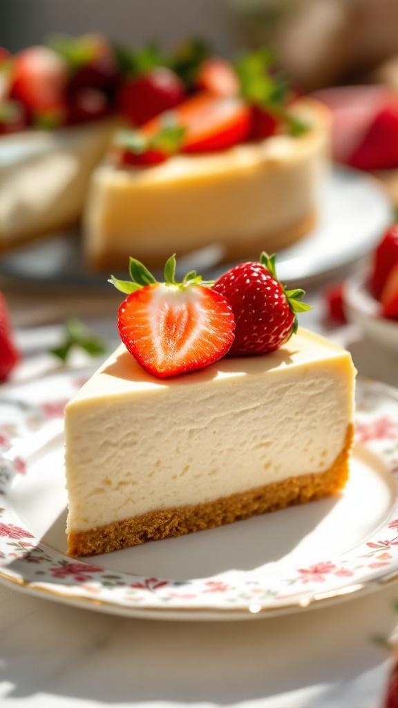 A slice of vegan cheesecake topped with strawberries on a floral plate.
