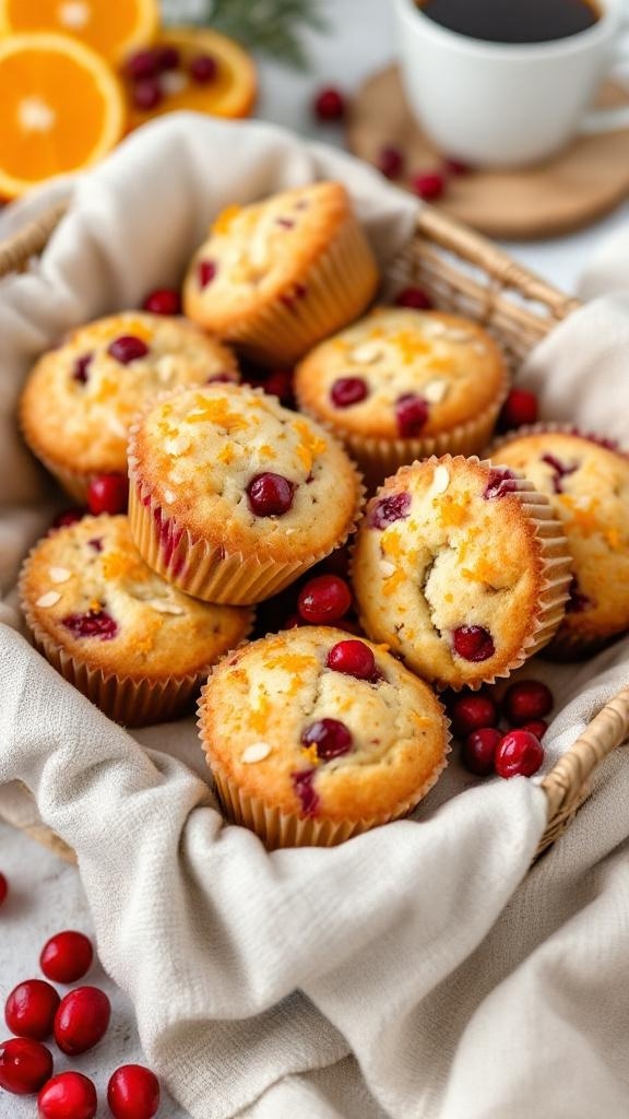A basket filled with cranberry orange muffins, surrounded by fresh cranberries and orange slices.