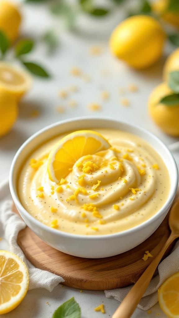 A bowl of lemon chia seed pudding topped with lemon zest and a slice of lemon, surrounded by fresh lemons.