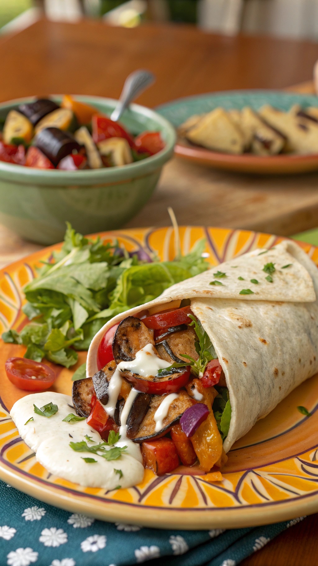 A colorful Mediterranean roasted vegetable wrap filled with grilled veggies and served with a side salad.
