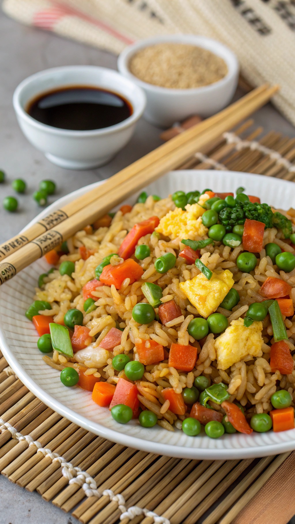 A bowl of colorful vegetable fried rice with peas, carrots, and bell peppers, served with chopsticks.